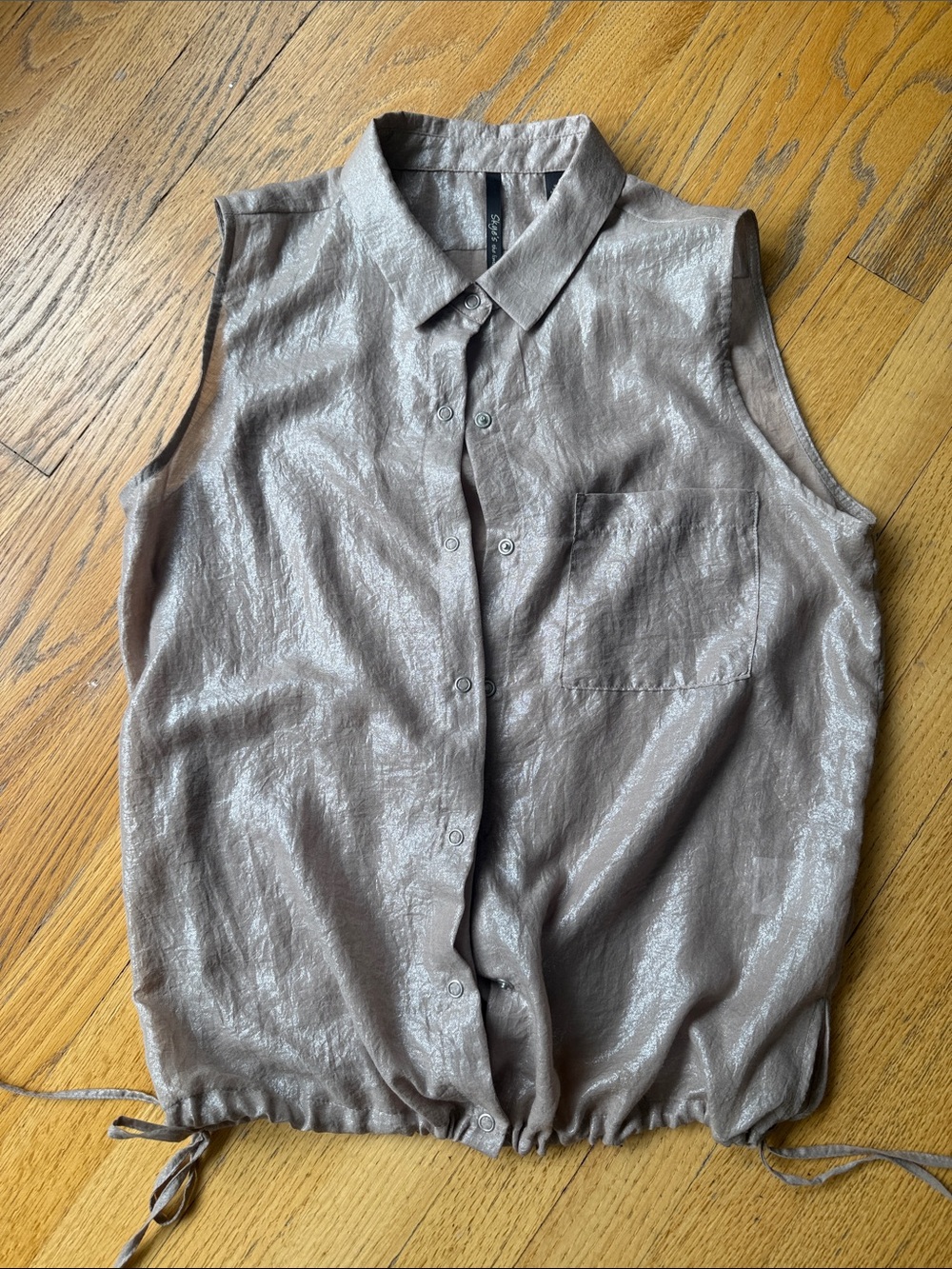Sky’s The Limit Metallic Sleeveless Button Front Shirt Taupe S